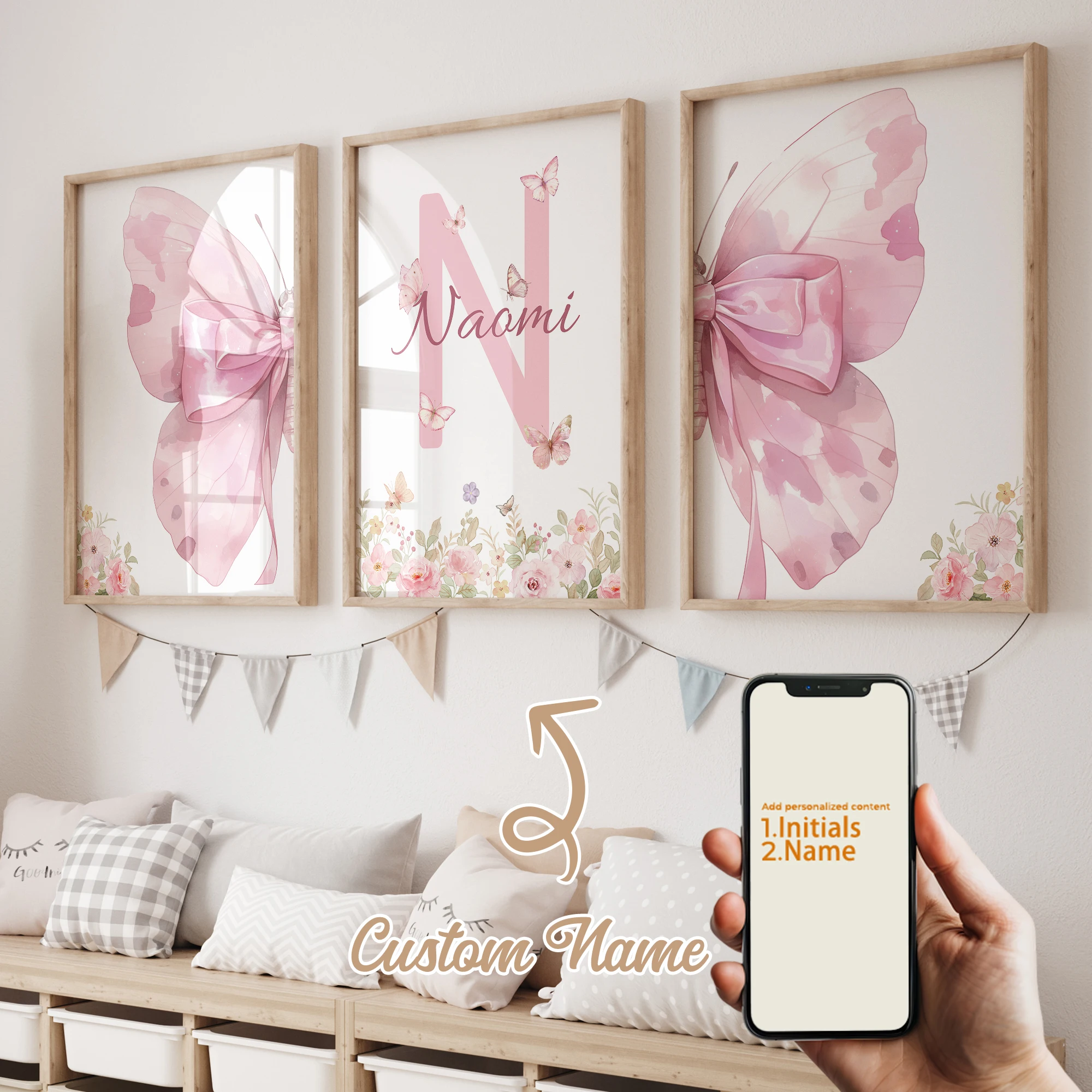 3pcs Personalized Custom Name Cartoon Child Butterfly Wall A