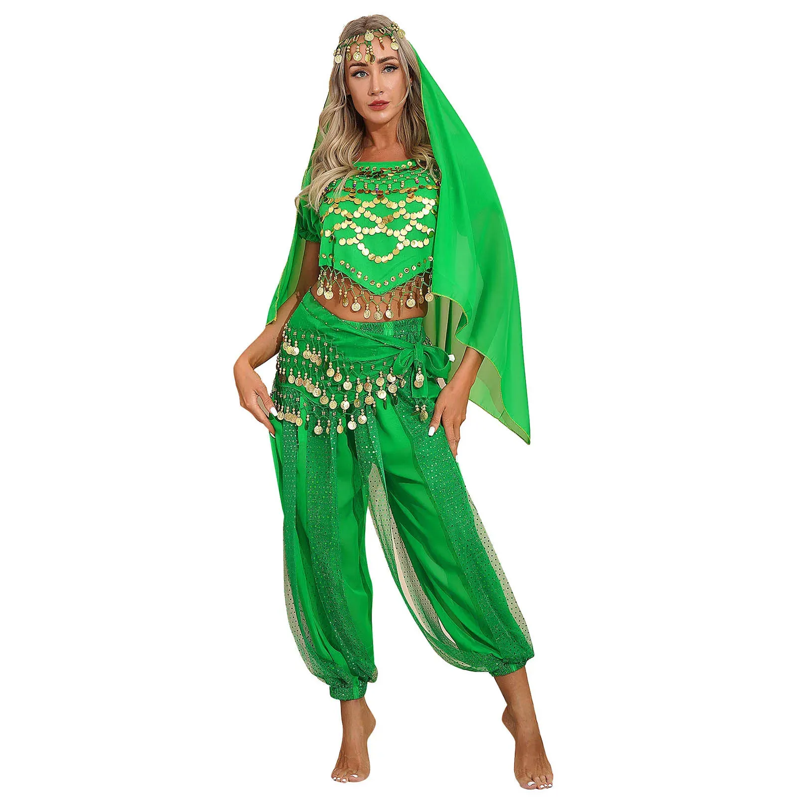 Womens Belly Dance Costume Coins Tassel  Bras Top with Harem Pants Hip Scarf Outfit for Fancy Dress Rave Party Stage Performance