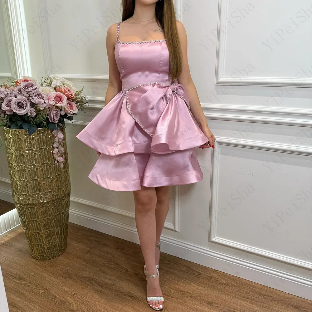 

Customized A-Line Prom Dresses Knee-Length Spaghetti Strap Sleeveless Fashion Crystal Bow Simple Draped Backless Party Gown