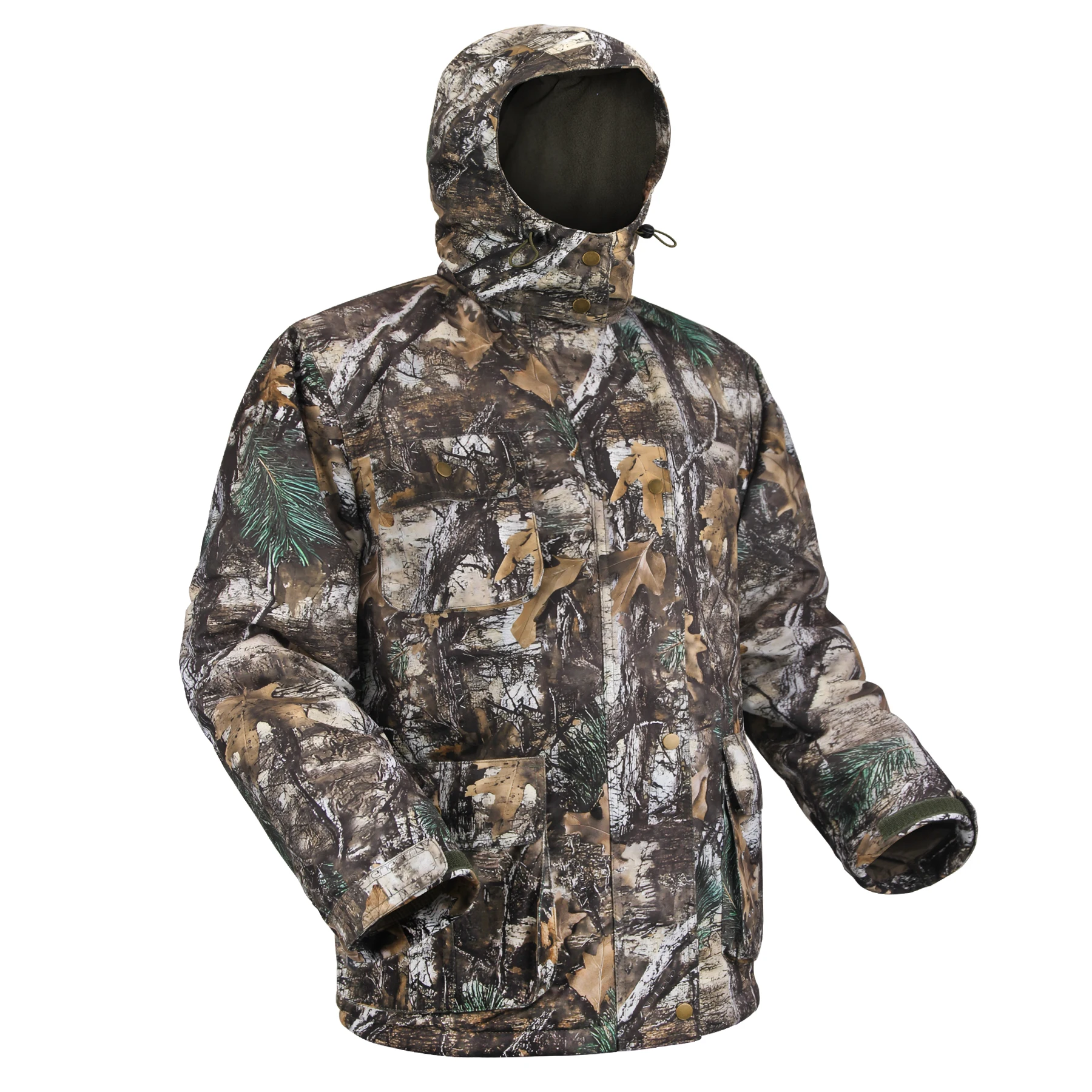 Outdoor Hunting Fleece - フリース裏地付きハンティングジャケット、戦術的な防水フード付きジャケット、アウトドア用静音鹿狩猟ジャケット、パイク山地迷彩ハンティングジャケット