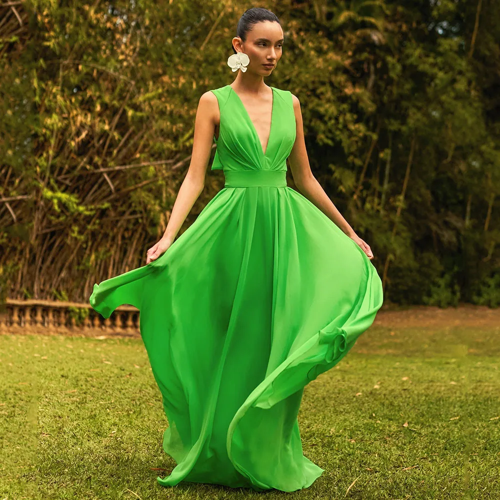 

Formal Party Dress Fluorescent Green Chiffon Deep V Neck BOHO Evening Gown Long A Line Sleeveless Women's Evening Dresses Custom