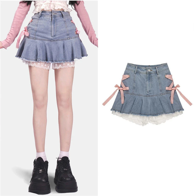 Pink strappy denim skirts women 2022 summer elegant sexy hot girl white lace stitching miniskirt ins casual sweet A-line skirt