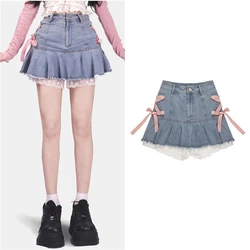 Pink strappy denim skirts women 2022 summer elegant sexy hot girl white lace stitching miniskirt ins casual sweet A-line skirt