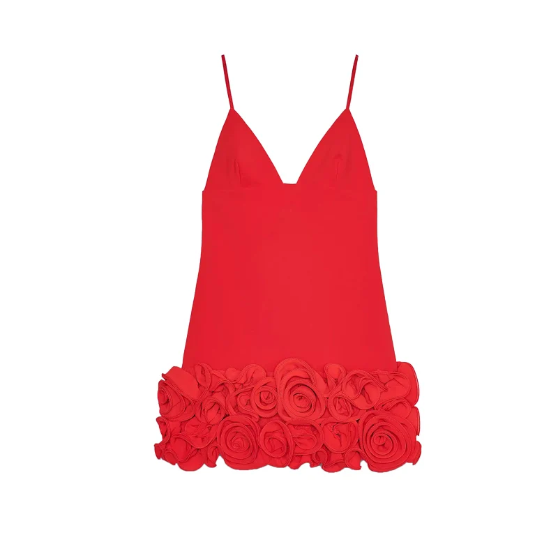 คอลเลคชั่นฤดูร้อนและฤดูใบไม้ผลิ 2025 เสื้อผ้าผู้หญิงแบบใหม่ คอวี แต่งดอกไม้ แต่งระบาย เอวสูง ผ้าโพลีเอสเตอร์ ดีไซน์หวานๆ