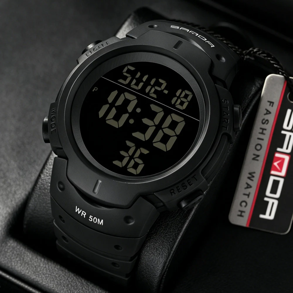 SANDA Classic Everyday Use Wristwatch Square Dial Analog Digital Waterproof World Time Countdown Male Female Watch