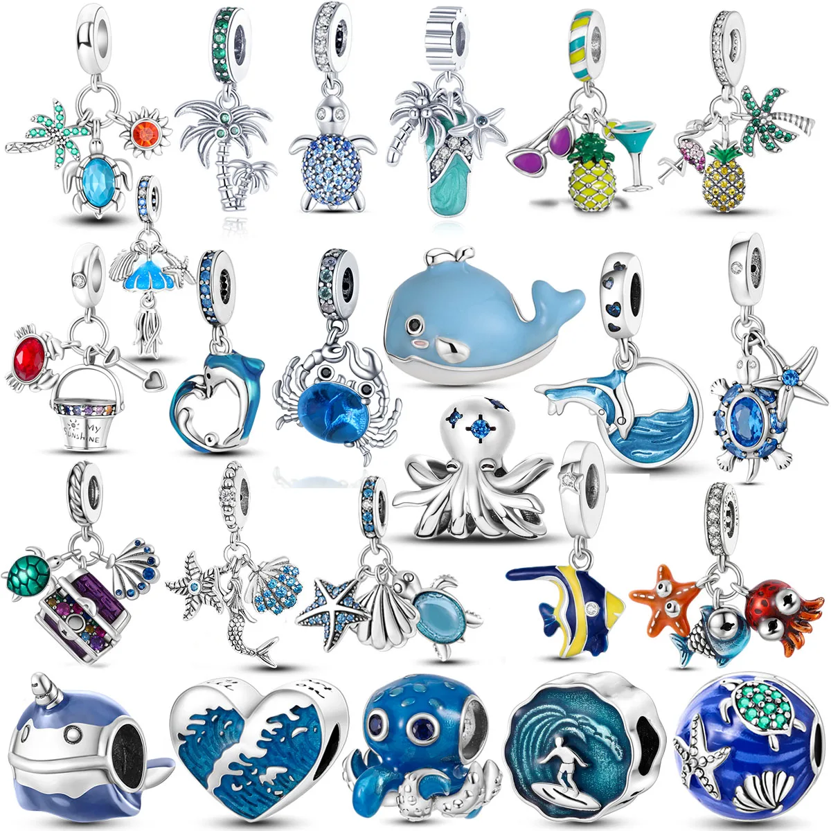 Silver Plated Ocean Summer Style Dangle Turtle Starfish Octopus Dolphin Beads Charms Fit Original Pandora Bracelet Jewelry