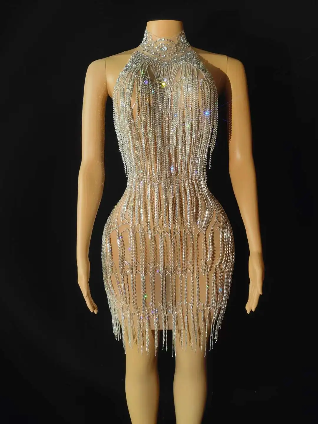 Sparkly Fringe Rhinestone Women Sexy Backless Dress Club Party Birthday Rave Festival Performance Carnival Futuristic