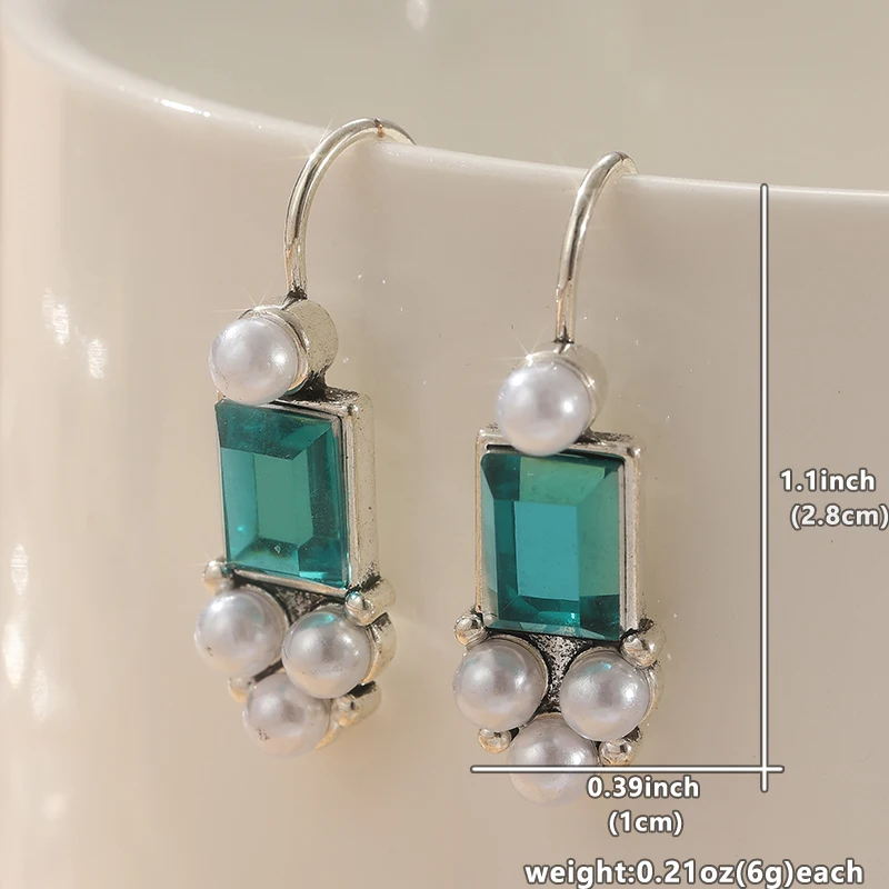 Vintage Geometry Imitation Pearl Ngle Waomen's Earrings Creativity Silver Color Square Inlaid with Green Stones