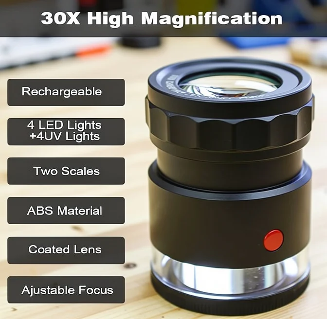 30X Wireless Dermatoscope Skin Analyzer with UV and LED Lights, Loupe Magnifier Eye Loops Magnifying Glass Adjustable Focus