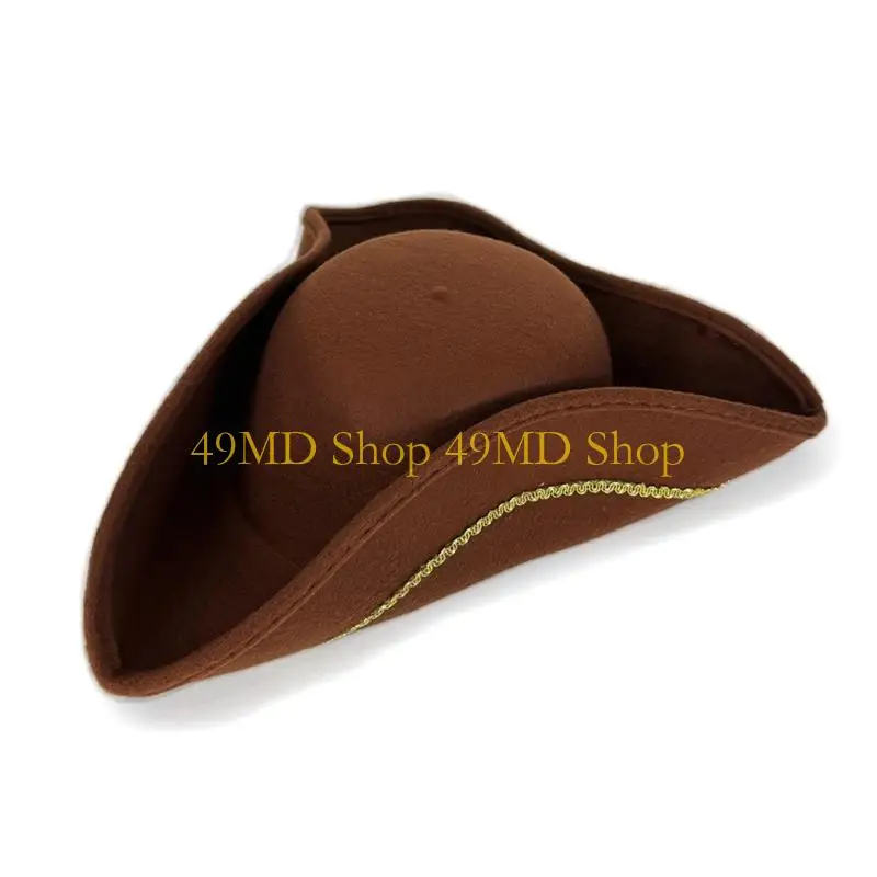 49MD Fabric Pirate Captain Hat Elegant Gold Silk Thread Trim Tricorn Hat For Theme Event Cosplay Halloween Party Costume