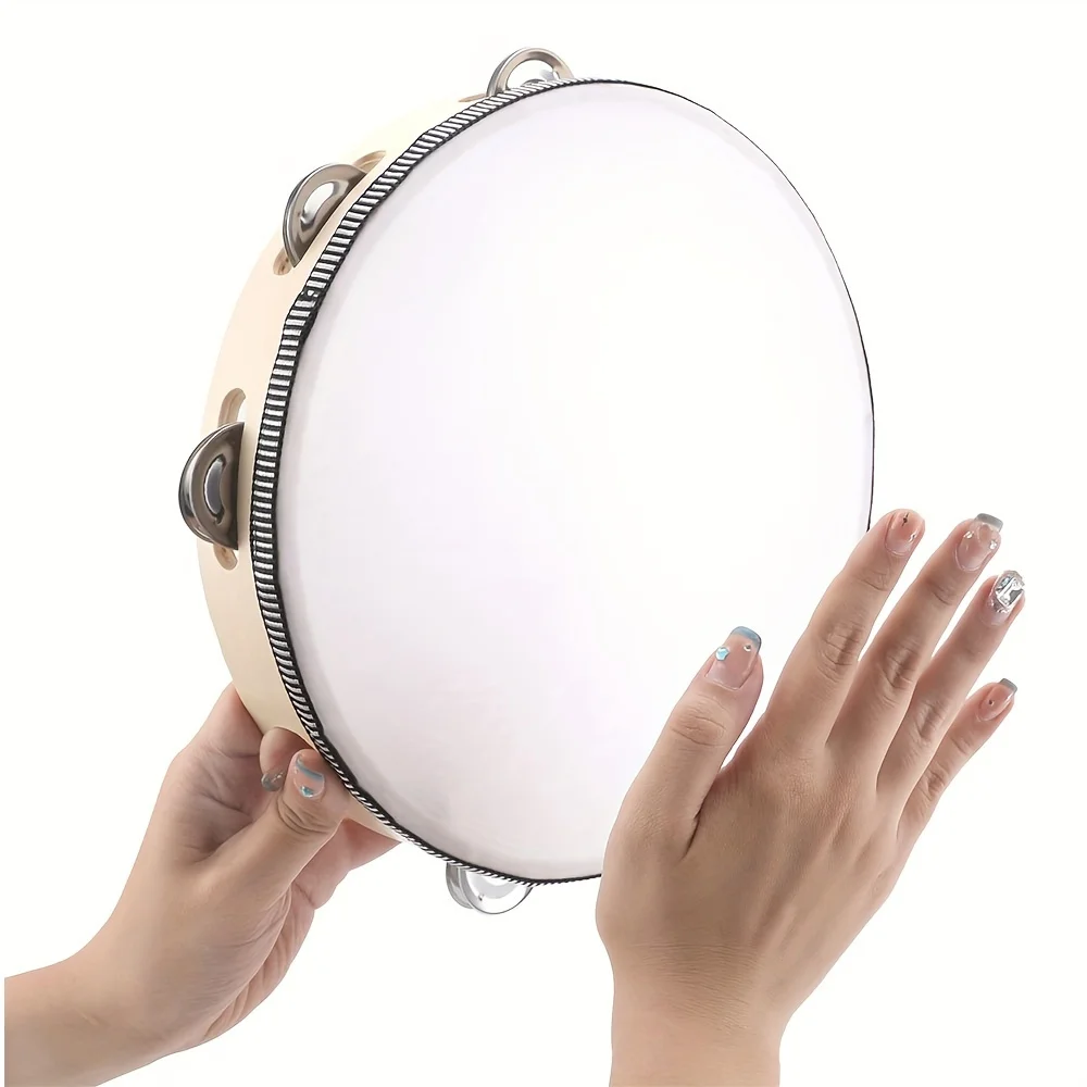10 inch Wooden Hand Held Drum Bell Tamborine with Birch Metal Jingles Single Row Percussion Musical Instruments Hand Tambourine
