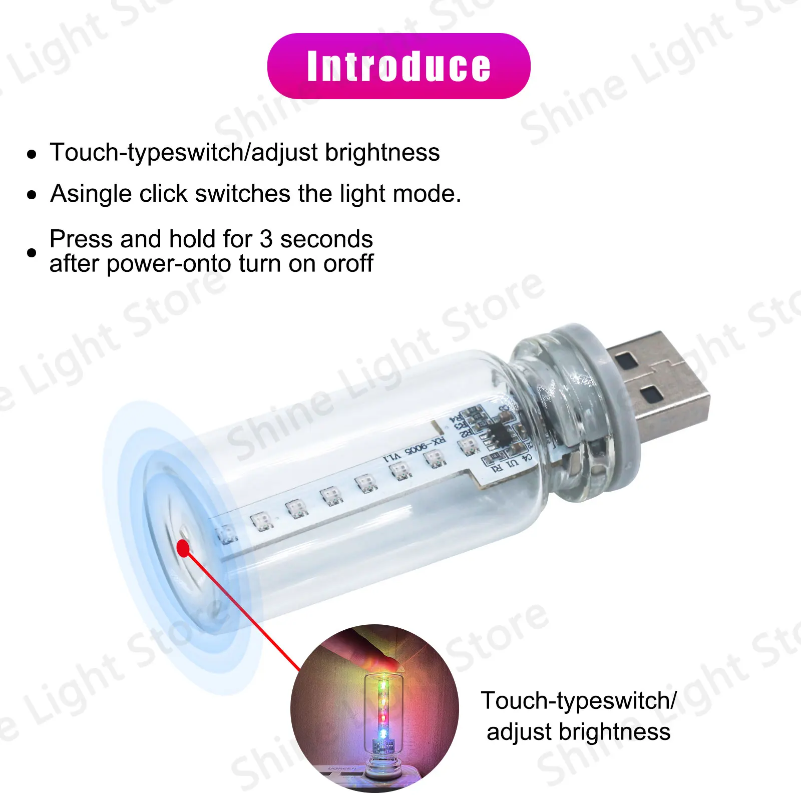 5V RGB LED Ambient Light with 13 Modes USB Plug-in Car Interior Bedside Decorative Night Light Touch Switch