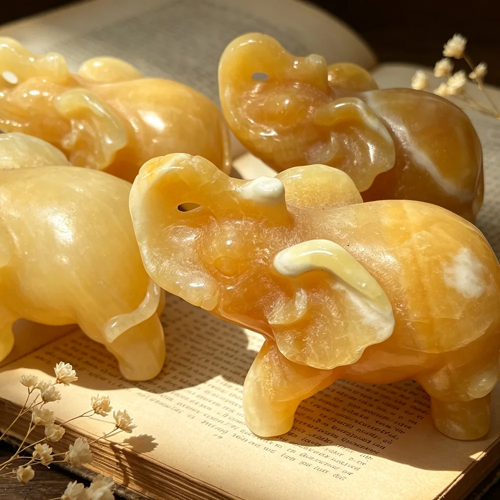 Natural Orange Calcite Elephant Figurine Hand Carved Gemstone Animal Statue Indoor Tabletop Decor Craft Gift