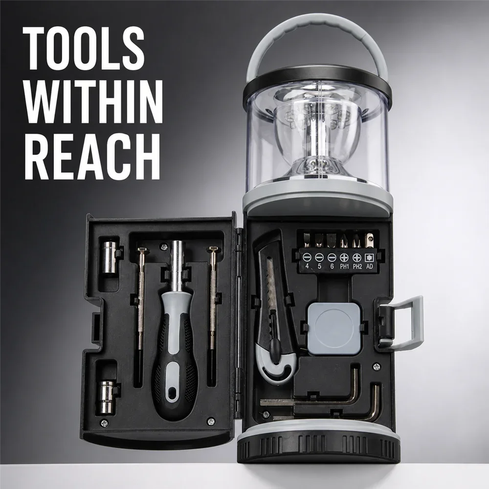 13-Piece Camping Lantern Tool Kit, Portable LED Work Light With Red Emergency Beacon, Screwdrivers, Tape Measure For Home Car D4