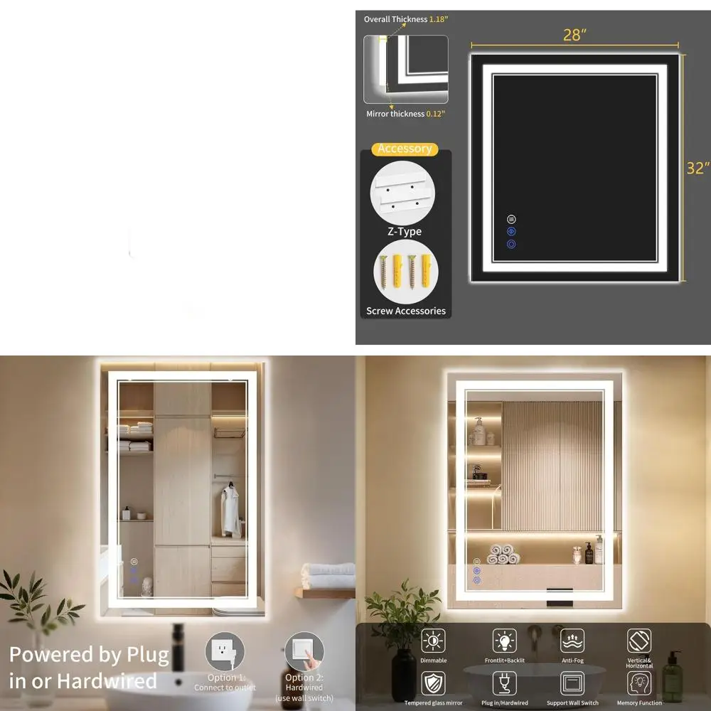 

LED Illuminated Bathroom Mirror, 3 Color Options, Dimmable, Tempered Glass, Front & Back Lighting