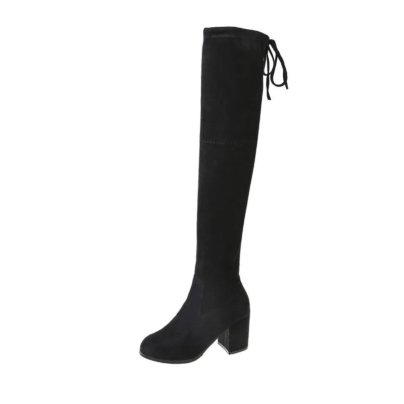 

2025 New Stretch Long Faux Suede Boots Women's Over the Knee Warm Casual Black Sexy Block Heel Back Tie Up Women's Fall Winter