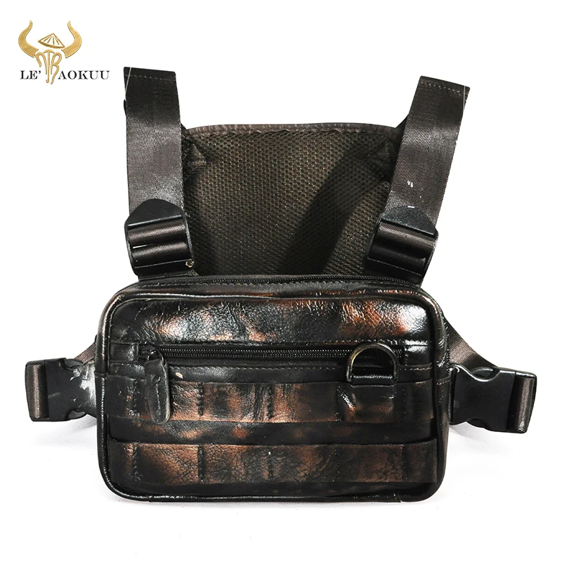 Bolso de pecho Vintage de cuero genuino para hombre, bolsa de aparejo de pecho de dos correas, estilo de moda, paquete de utilidad rectangular,