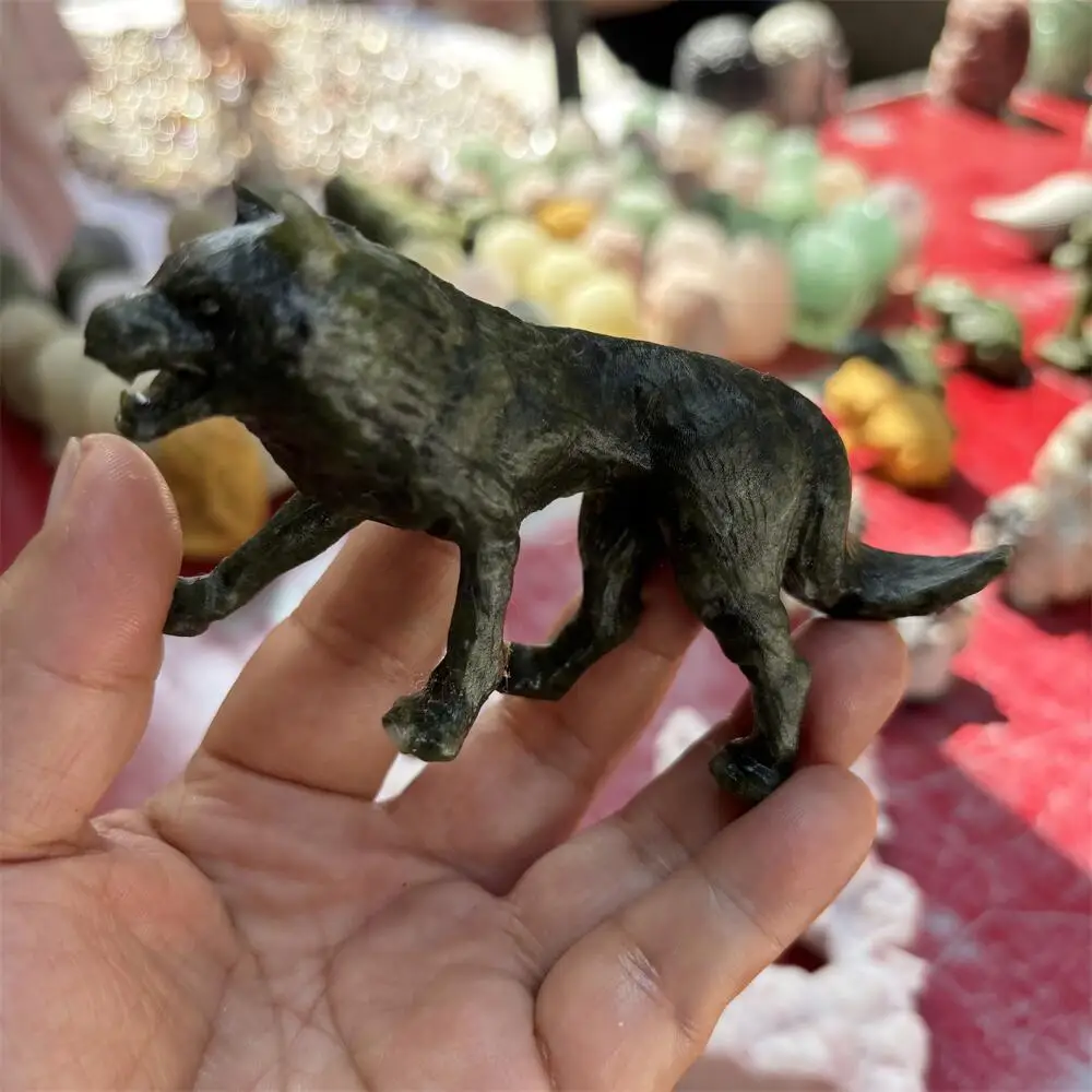 1PCS Natural Ophiolite Jade Wolf Animal Carving Polished Reiki Healing Fengshui High-Quality Room Decor Energy Gift