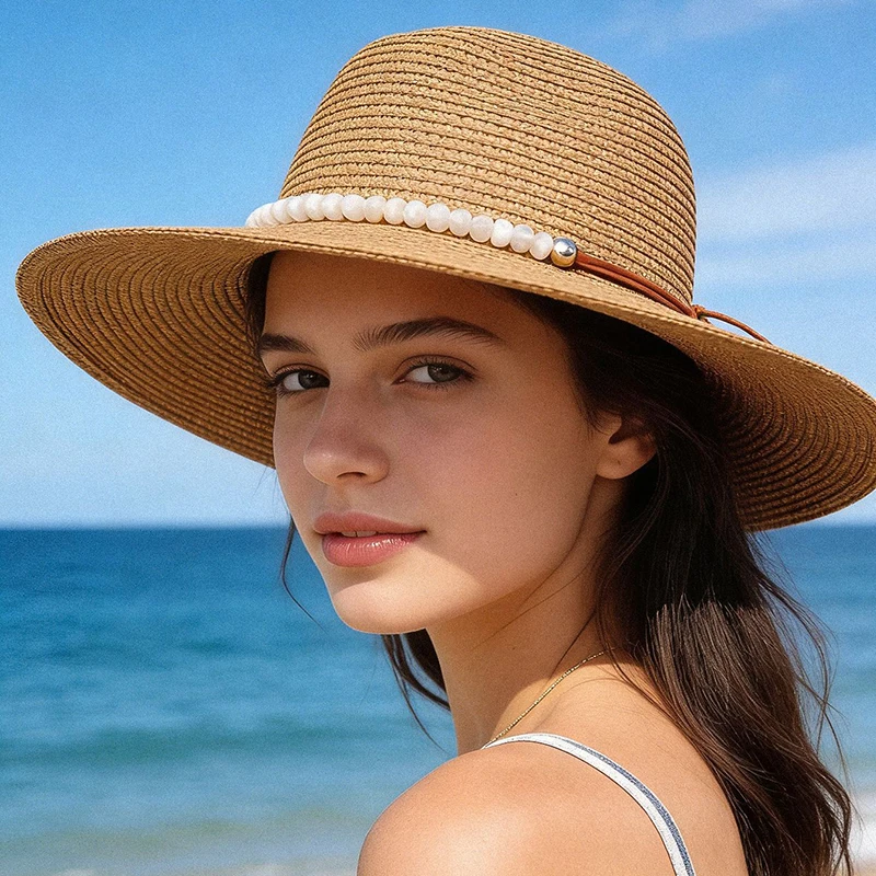 Fashion String Beads Straw Hat Women 2026 Outdoor Vacation Beach Sun Hats Woman Size 56-58cm Block Sunlight Summer Hats Female