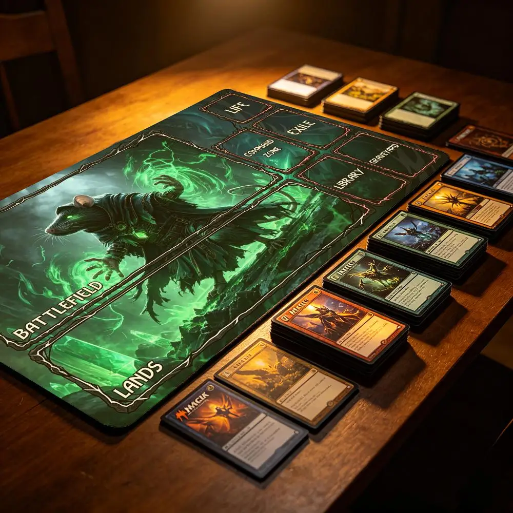 TCG Playmat with Zones – Dark Rat Wizard Design for Commander Includes Life, Exile, Library, Command Zone & Battlefield Sections