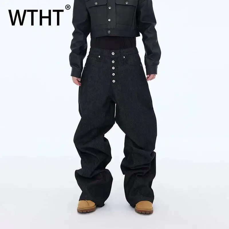WTHT Fashion Men Solid Color Single Breasted Straight Denim Pant Vintage 2026 Summer High Street Wide Leg Loose Jean Male 2A3184