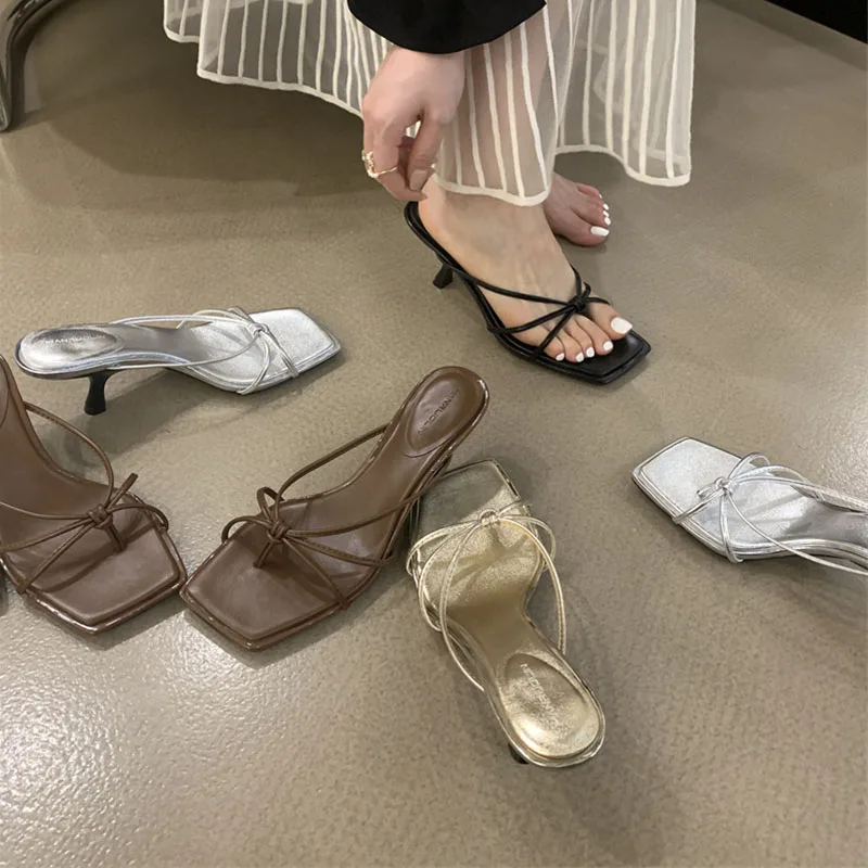 2023 Summer Narrow Band Women Brown White Slipper Fashion Square Toe Slip On Ladies Elegant Dress Sandal Outdoor Slides Shoes