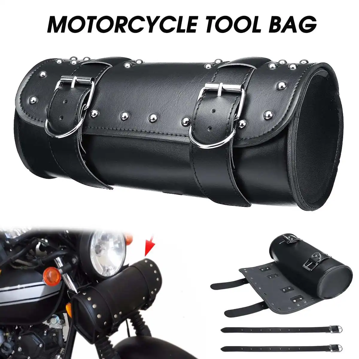 

Universal Black Motorcycle Tool Bag Front Fork Handlebar Saddlebag Roll Barrel Racing Tail Barrel Storage PU Leather