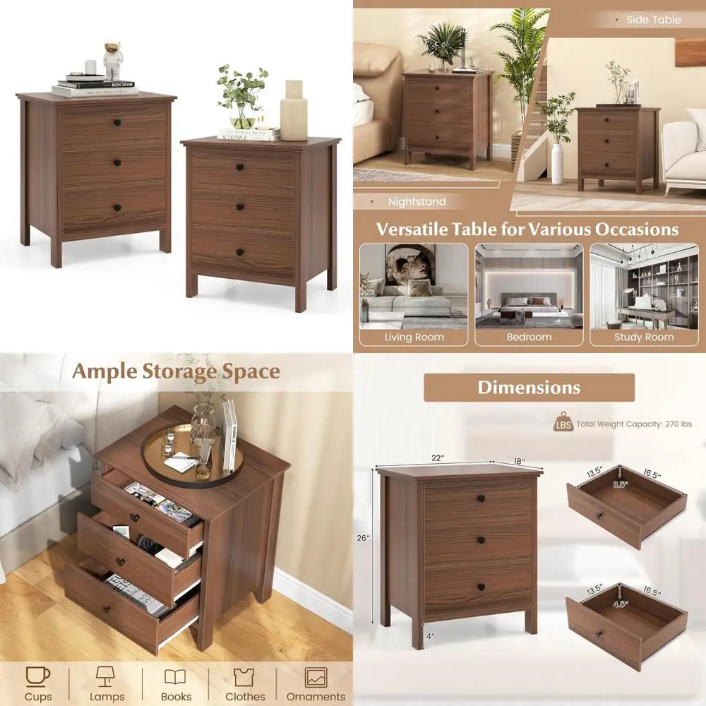 set of 2 nightstand with drawers solid structure side table for storage bedroom, living room accent furniture small spaces side
