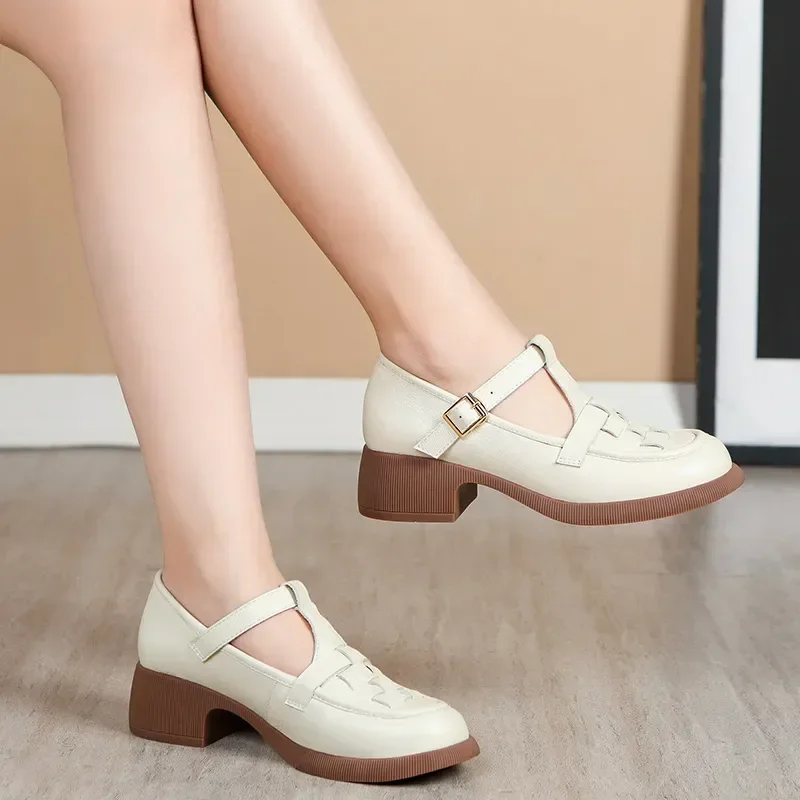 Pumps White Heels for Women Leather Shoes Round Toe Lolita Mary Jane Shoes Loafers Elegant Woman Heeled High Platform Moccassin