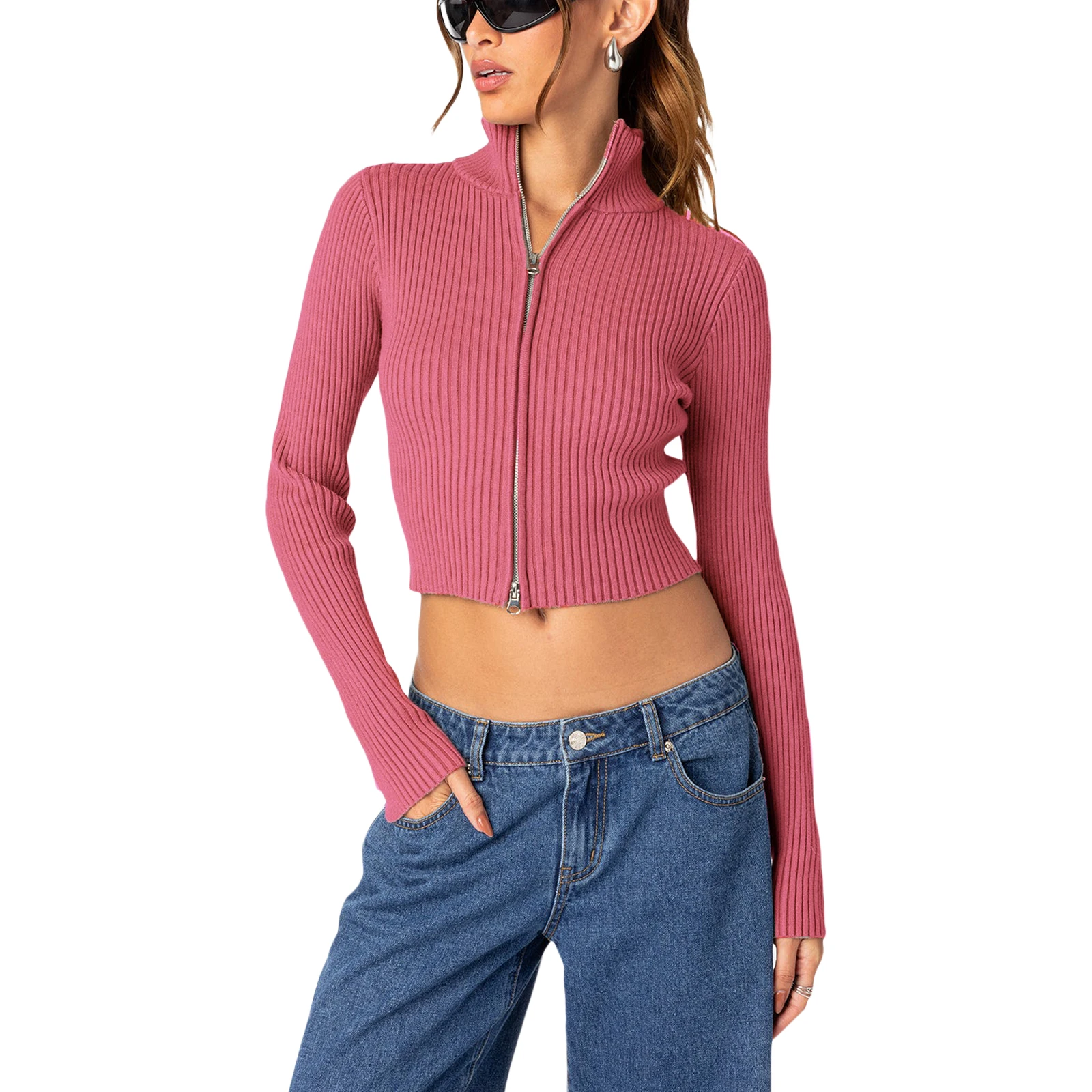 

Women Slim Cropped Knit Sweater Spring Fall Stand Collar Jumpers Streetwear Solid Color Zip-Up Long Sleeve Cardigan Knitwear