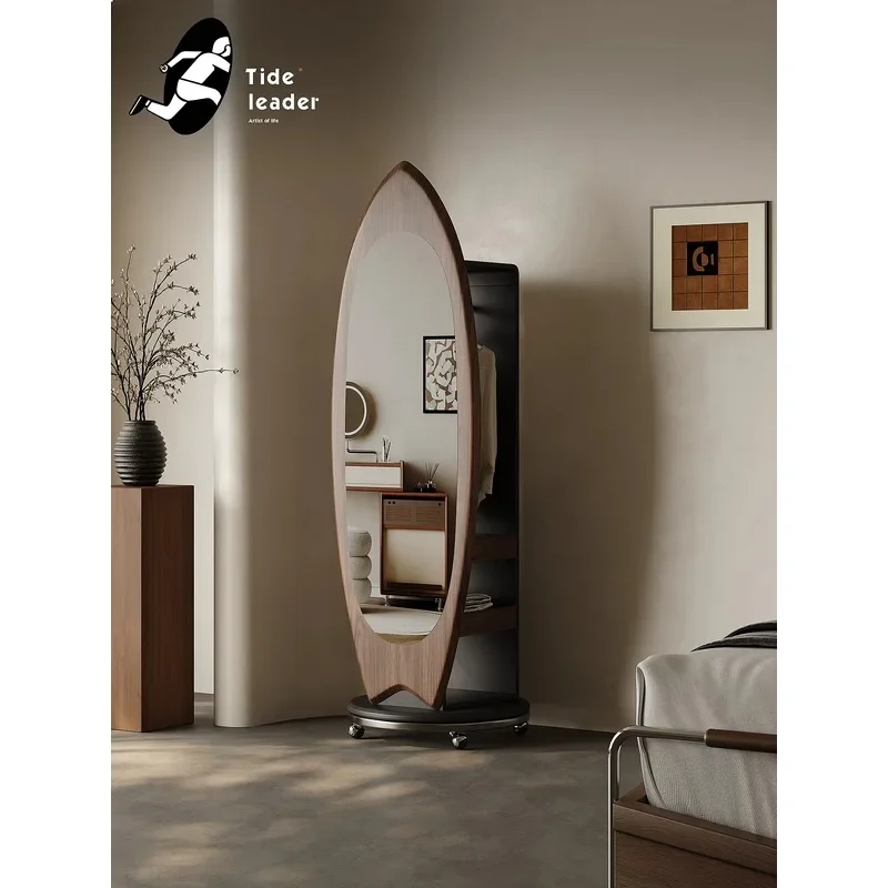 XX Tide Leader Mid-Century Full Length Mirror Coat Rack Stand Walnut Rotating Hanger Movable Organizer For Bedroom