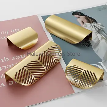 Úchytka ve tvaru listu, zlaté kartáčované duté úchytky, úchytka pro skříňky, zinková slitina 40mm/96mm, zlatá zásuvka se šrouby 10 nejlepší prodej úchytky a knoflíky zásuvek v kartáčované zlaté barvě - №5