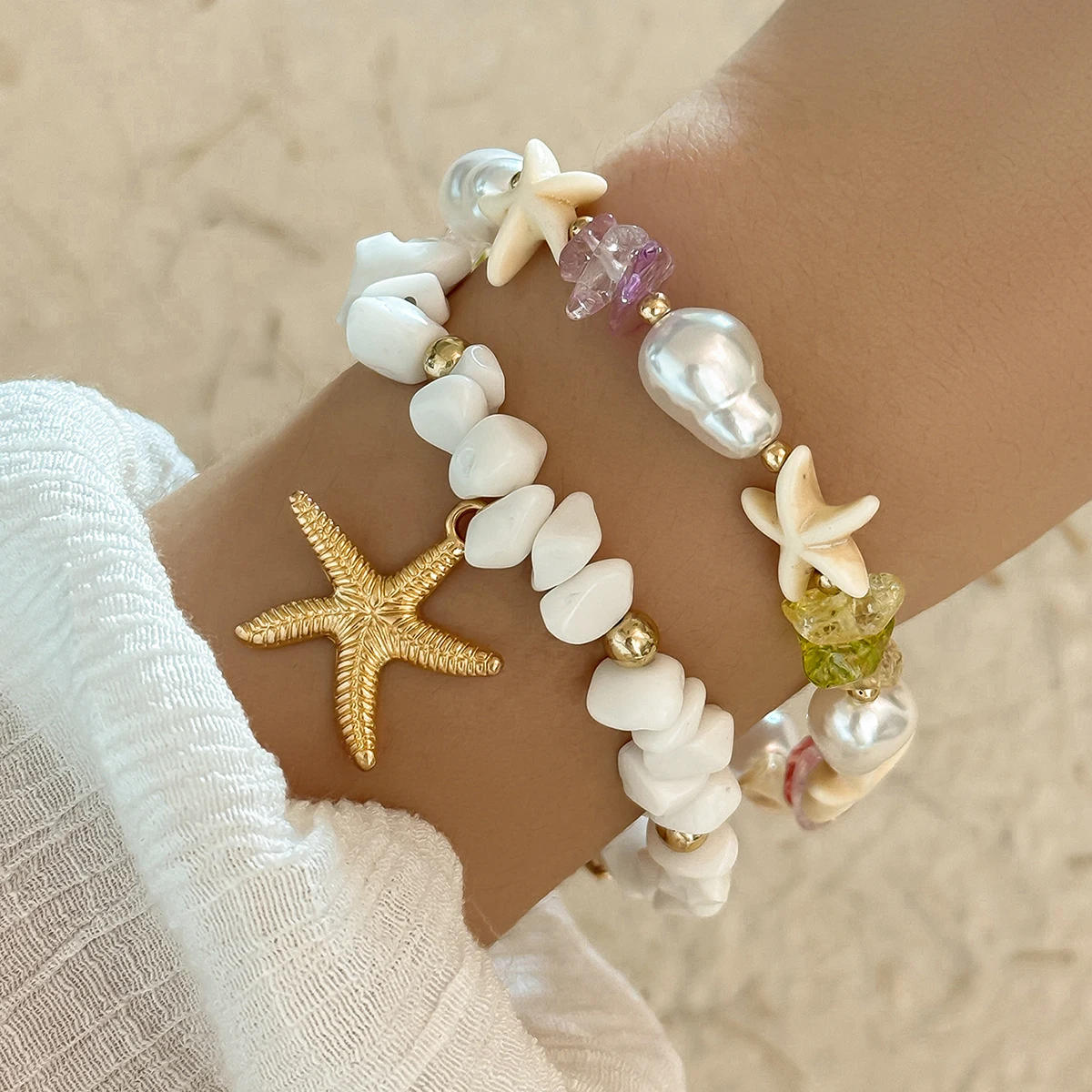 2Pcs/Set Trendy Beach Starfish Colorful Stone Beads Bracelets Set For Women Beach Jewelry Gifts,Suitable For Women Daily Wear