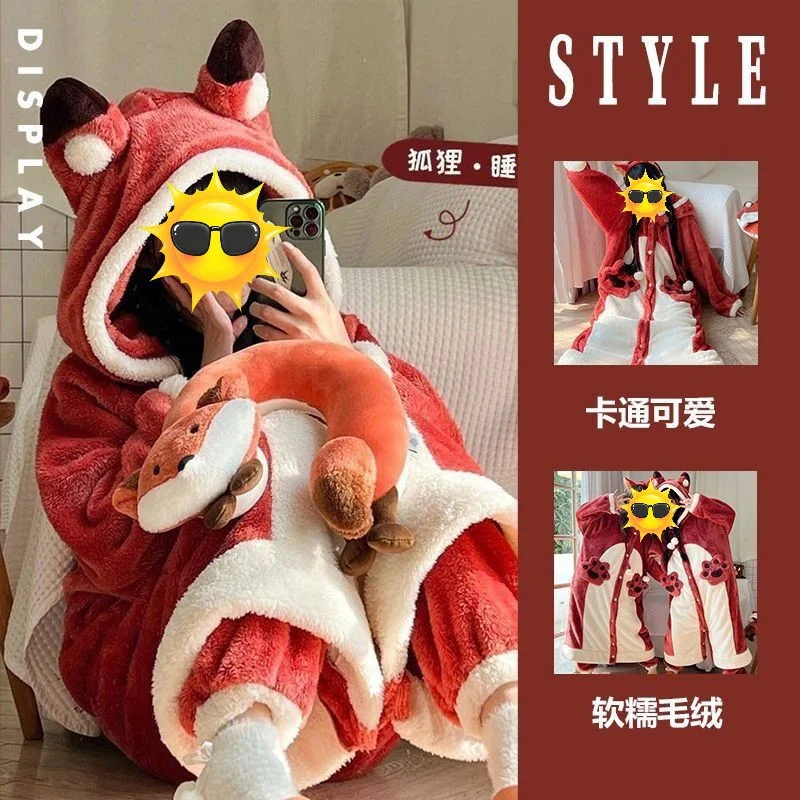 Cartoon Animal Fox Pajamas Women\'s Winter Coral Fleece Thickened One-Piece Plush Cute Long Hooded plus Size Robe Home wear