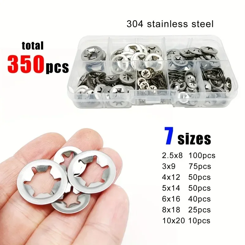 

350pcs Stainless Steel Plum Blossom Washer External Circlip Self-Locking Retaining Clip Snap Ring Washer M2.5 M3 M4 M5 M6 M8 M10