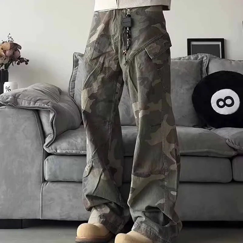 

2025 New American High Street Camouflage Washed Denim Workwear Pants Casual Loose Vintage Style Paratrooper Trousers Trendy XXXL