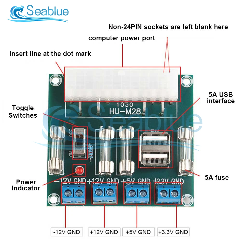 HU-M28W 24 Pin Desktop Computer ATX Power Adapter Board Computer ATX Power Supply Transfer Board Outlet Extension Module