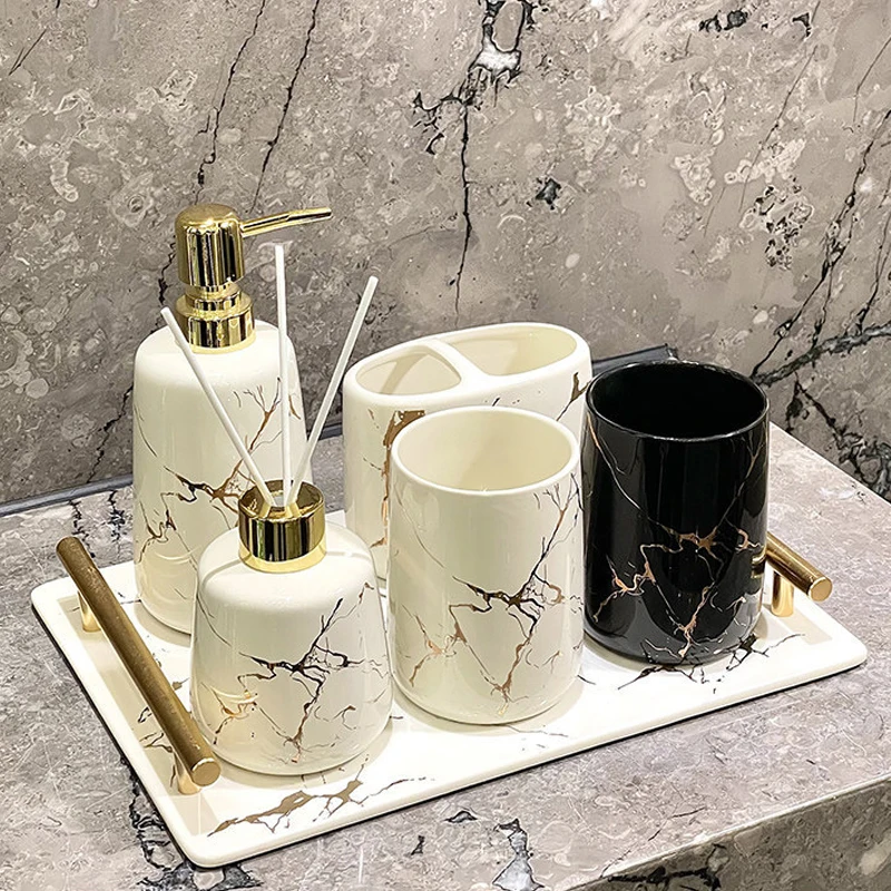 6-piece Bathroom Supplies Ceramic Marble Mug Emulsion Bottle Toothbrush Holder Storage Tray Bathroom Decoration Accessories