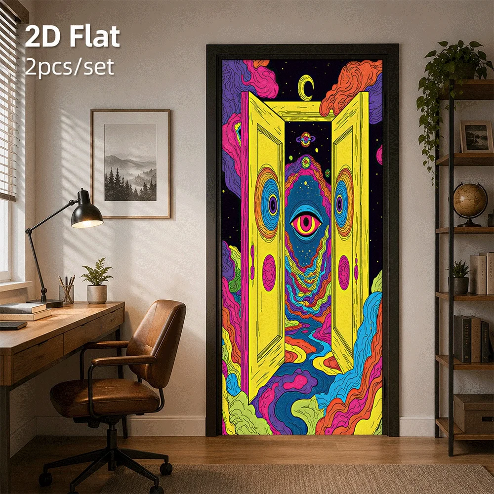 1 piece of psychedelic style door sticker abstract eye pattern waterproof self-adhesive home wall creative sticker fun art door