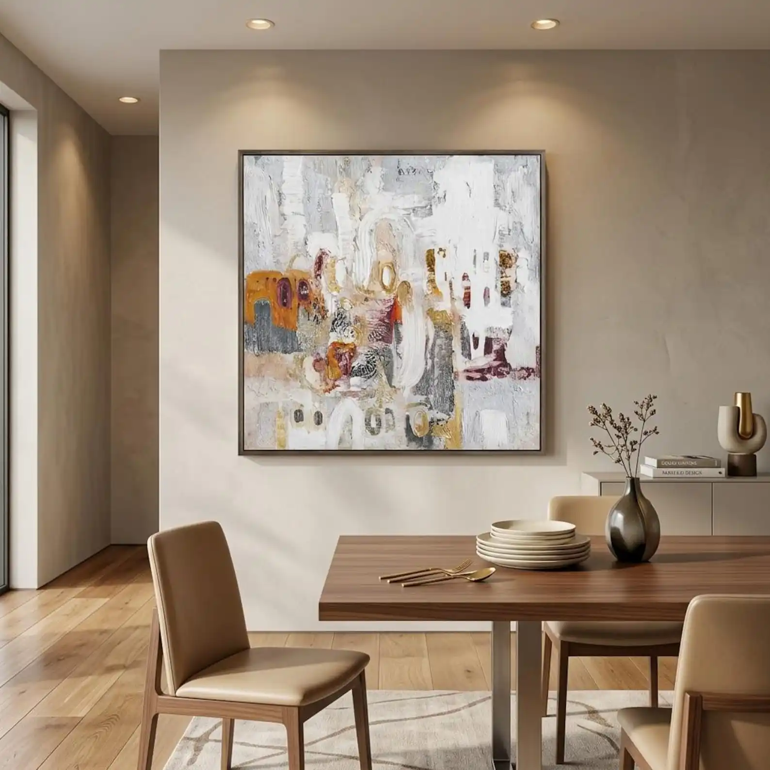 Mhemyo Original Hand-Painted Textured Cityscape Oil Painting on Canvas Abstract Neutral Wall Art Modern Living Room Home Decor