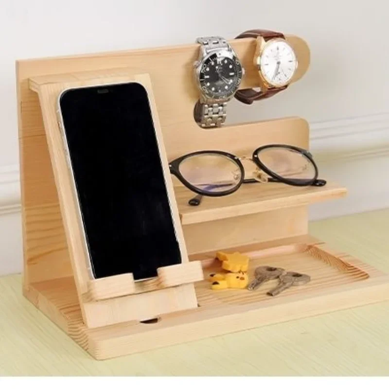 Solid Wood Phone Stand Desktop Creative Storage Rack Multifunctional Hanging Watch Glasses Key Accessories -1pc