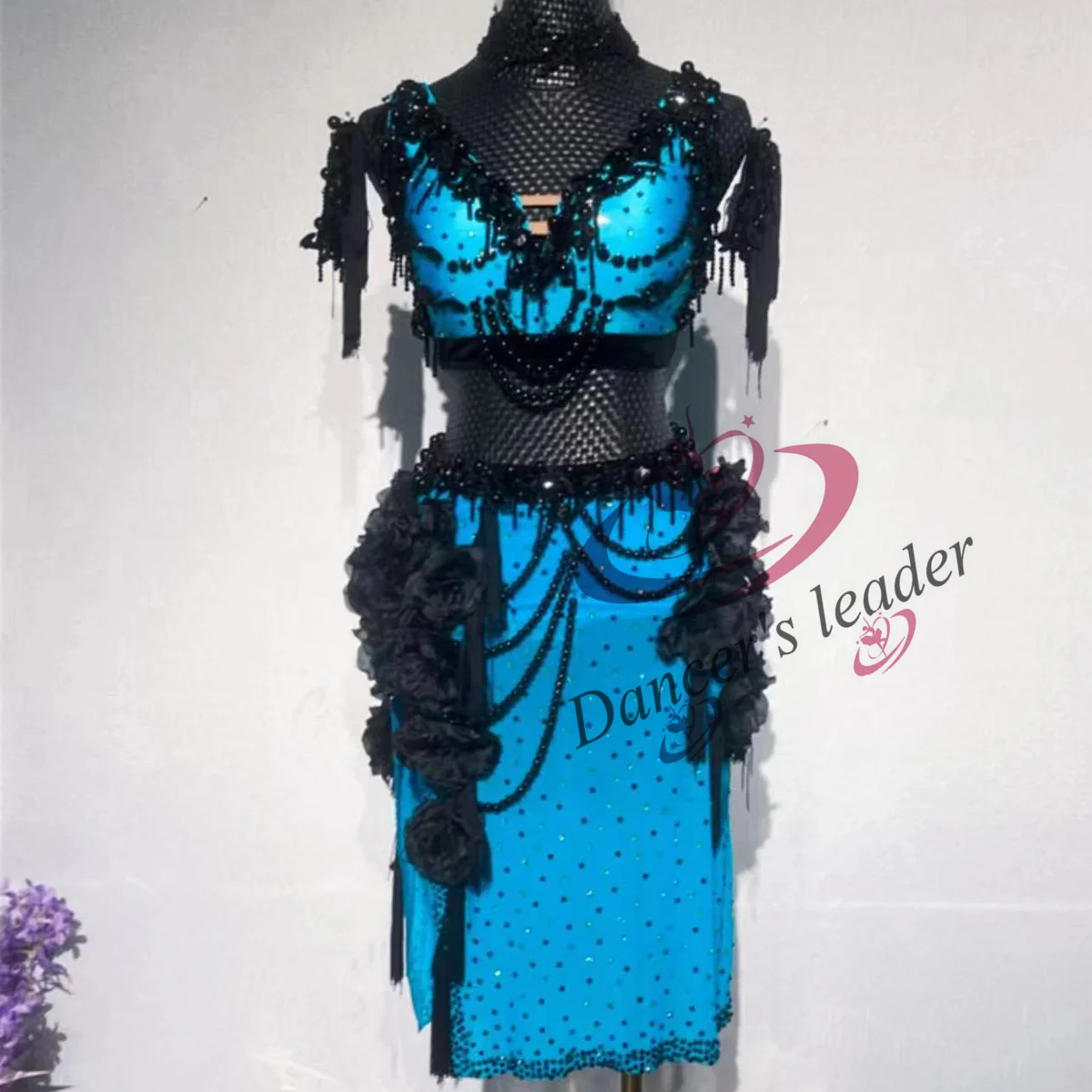 Latin Dance Dress High-end Custom Charm Blue Black Handmade Flower With Diamond Cha Cha Tango Stage Professional Clothing