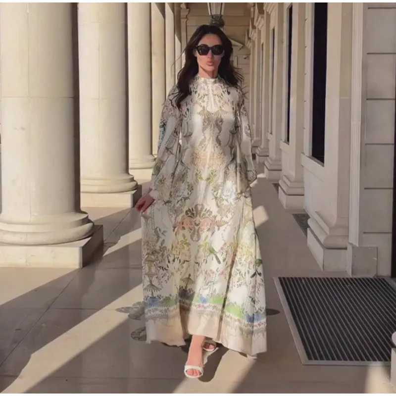 Printed Women's Maxi Dresses O-neck Big Swing Oversized Dress Irregular Hem Dresses Bohemian Female Robes Loose Partywear New