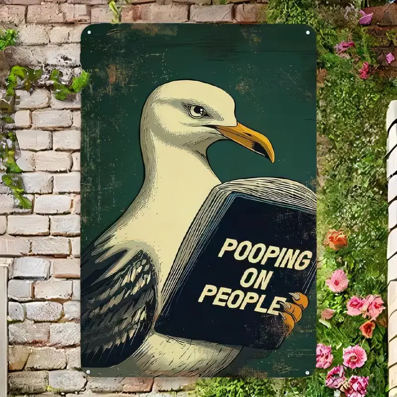Vintage Metal Tin Sign, 2D Seagull Pooping on People Book Design - Retro Iron Wall Art, Funny Coastal Decor for Home/Garden/Bar