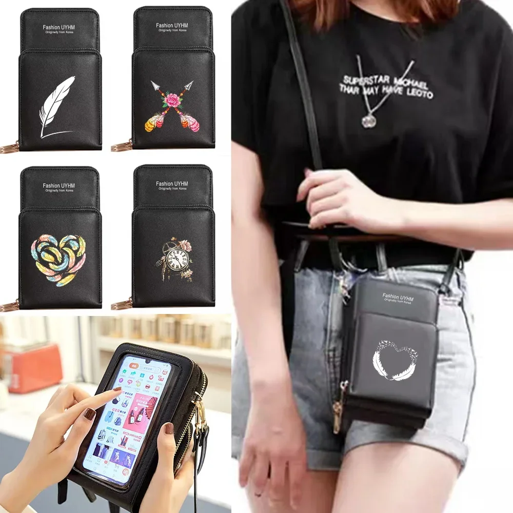 Mobile Phone Bag Touch Screen Universal For IPhone Xiaomi Huawei Samsung Cell Cover Case Waterproof Shoulder Bags Feather Print