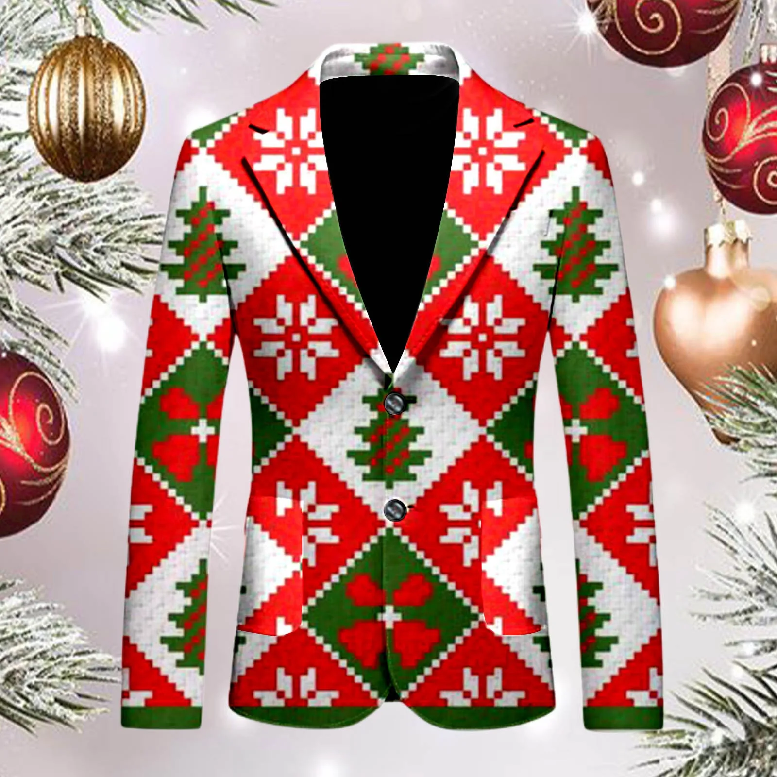 Men\'s Christmas Snowflake Elk Print Blazer Jackets With Pocket Elegant Slim One Button Suit Coat Plus Size Party Outwears