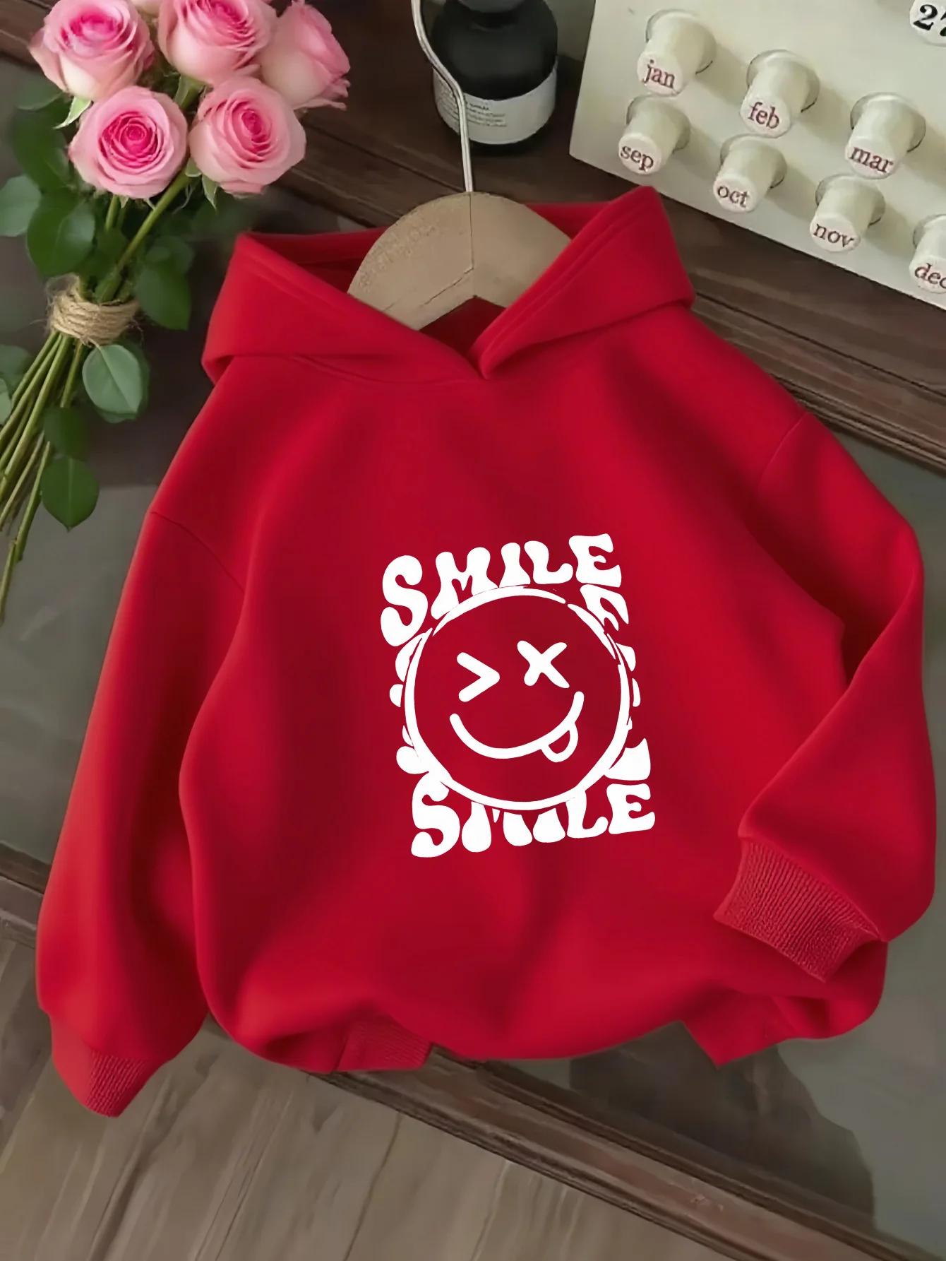 Girls' Beige Hooded Sweatshirt with Smile Face & joyful Smile Back Print - Cozy Winter Warm Casual Sweater, Pullover for, Playda