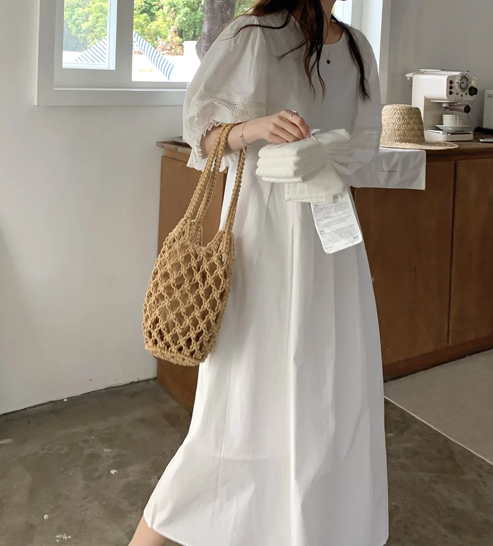 

Elegant Franch Women Summer Vintage White Romance Lantern Sleeves Long Dress Retro Hollow Out Lace O-Neck Casual Midi Dress