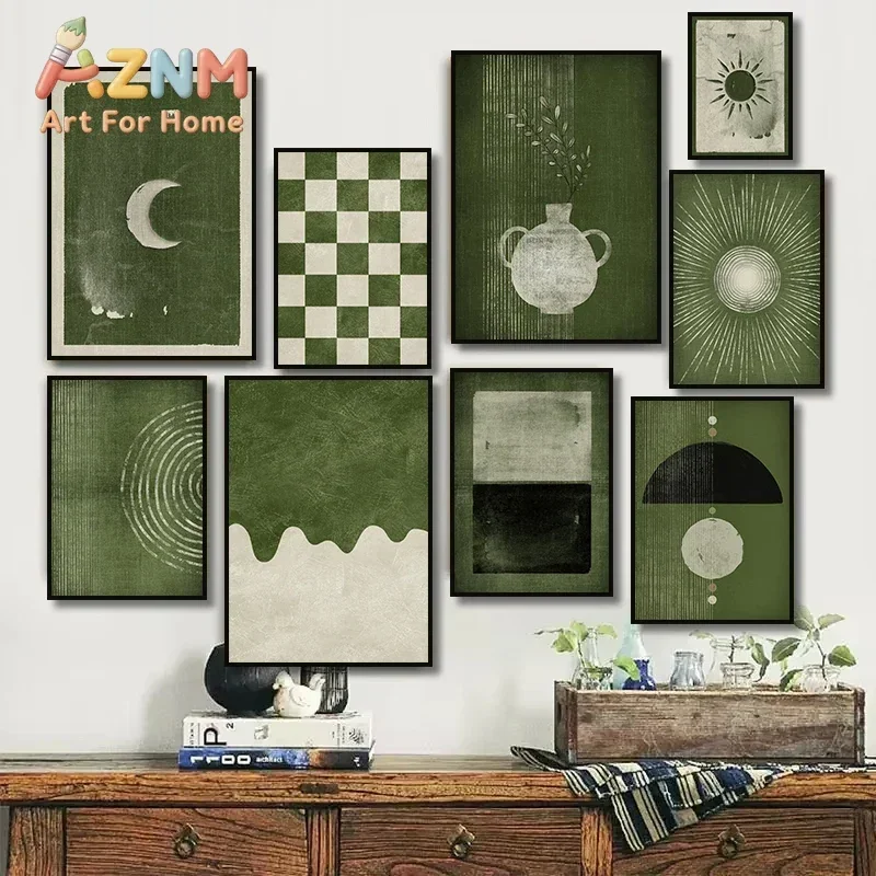 AZNM Dark Green Boho Abstract Canvas Wall Art Frameless Moon Sun Geometric Checkered Print Poster for Home Living Room Wall Deco