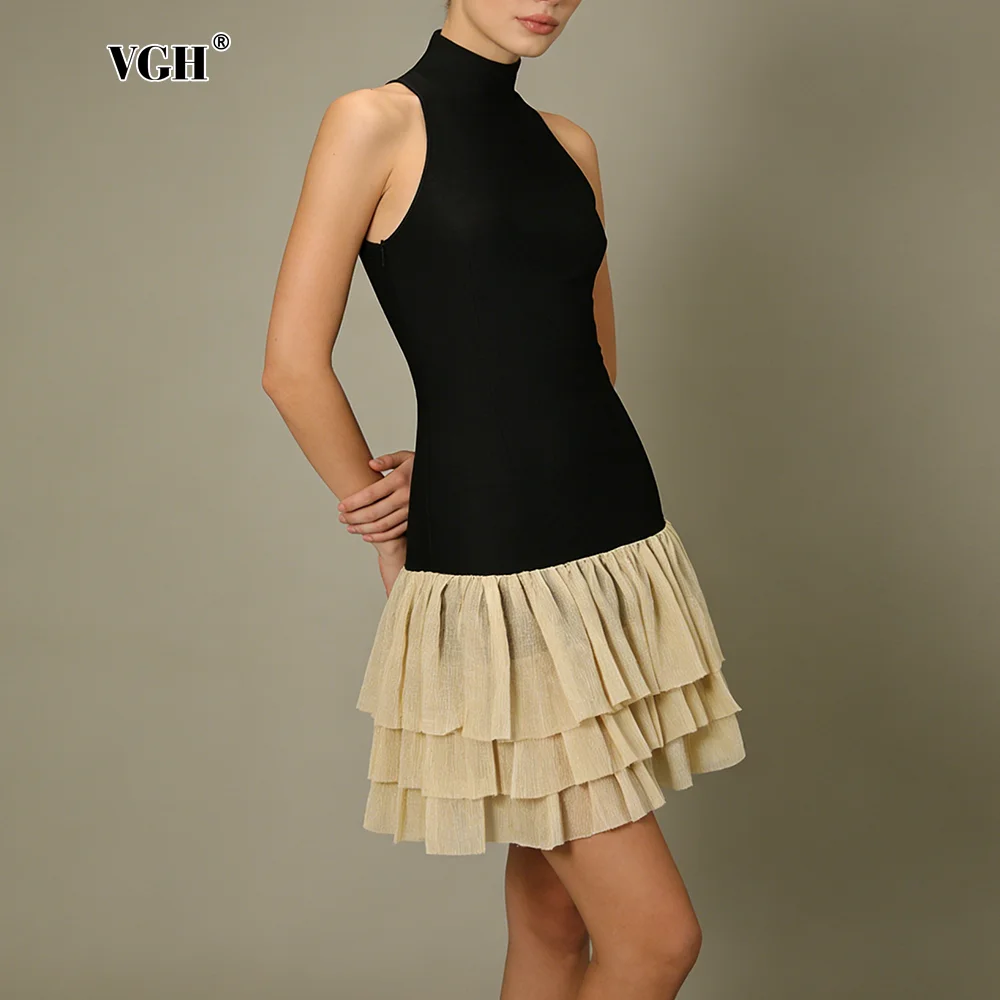 

VGH Hit Color Temperament Off The Shoulder Dress for Women Stand Collat Sleevless Low Waist Mesh Ruffles Mini Dresses Female New